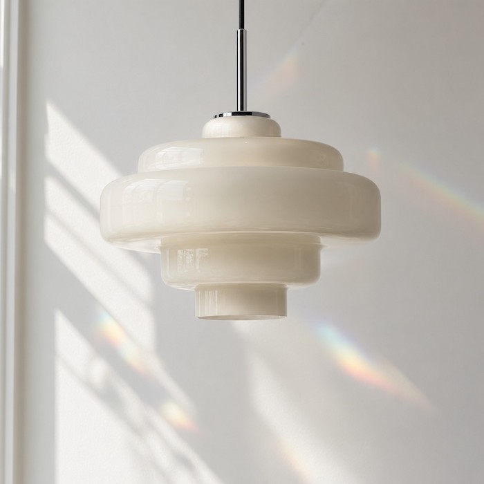 Sunlight refracting through tiered glass lighting.
