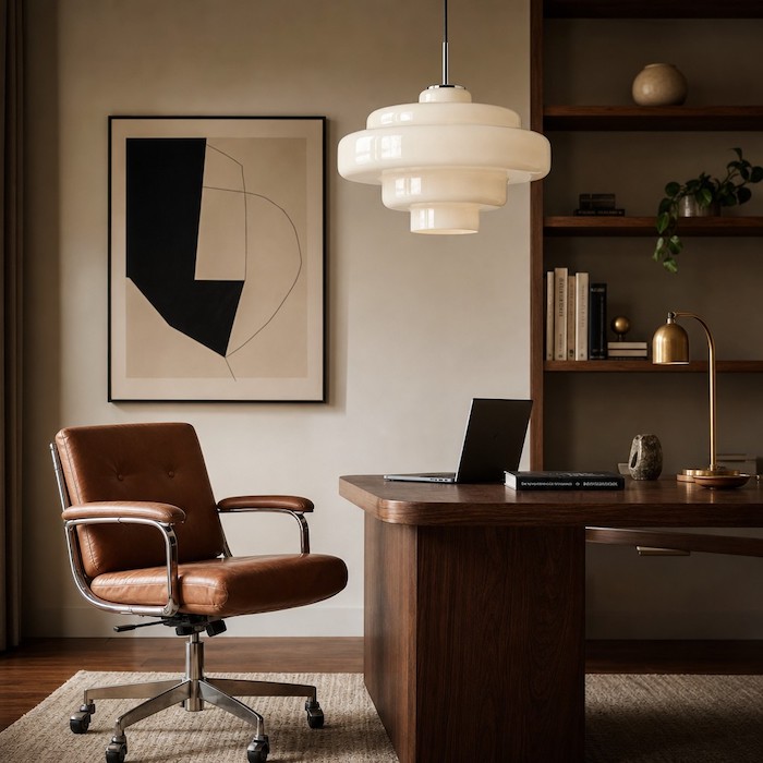 Retro-modern fusion interior design with glass pendant.