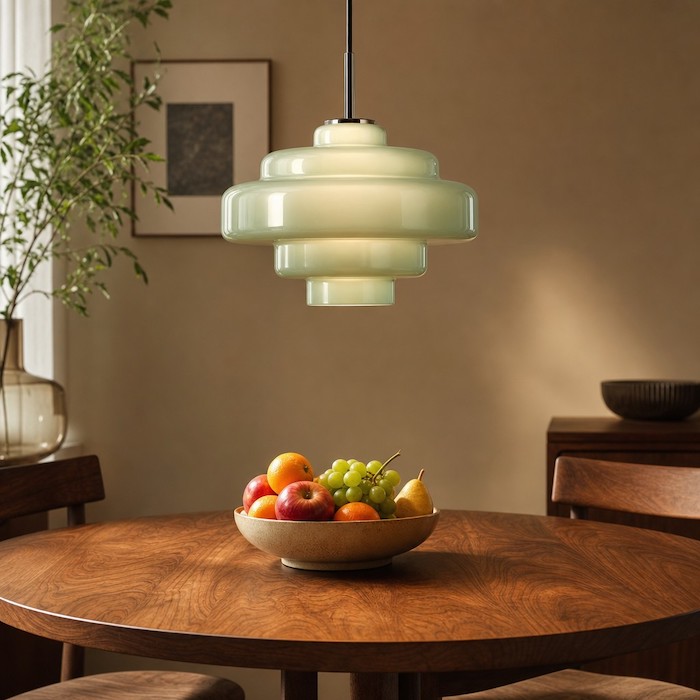 Soft green glass pendant light highlighting the grain of a walnut dining table.