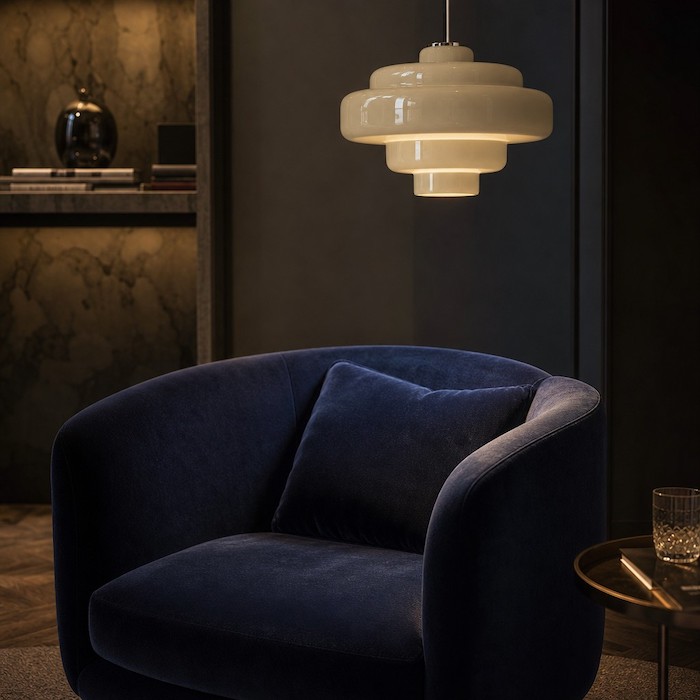 Layered glass lighting bringing out the texture of velvet upholstery.