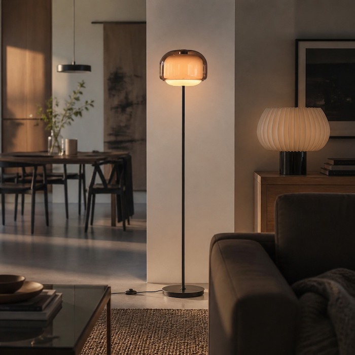 Floor lamp used as a visual anchor to define room boundaries.