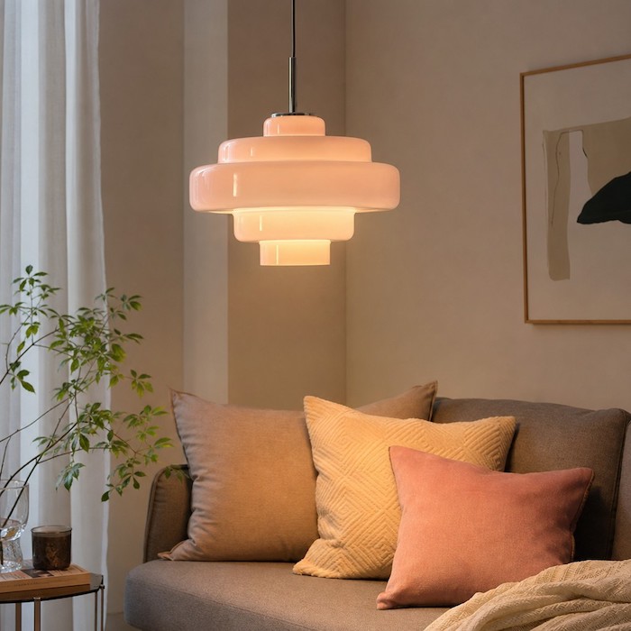 Soft macaron colored glass pendant light casting warm light in a cozy living room.