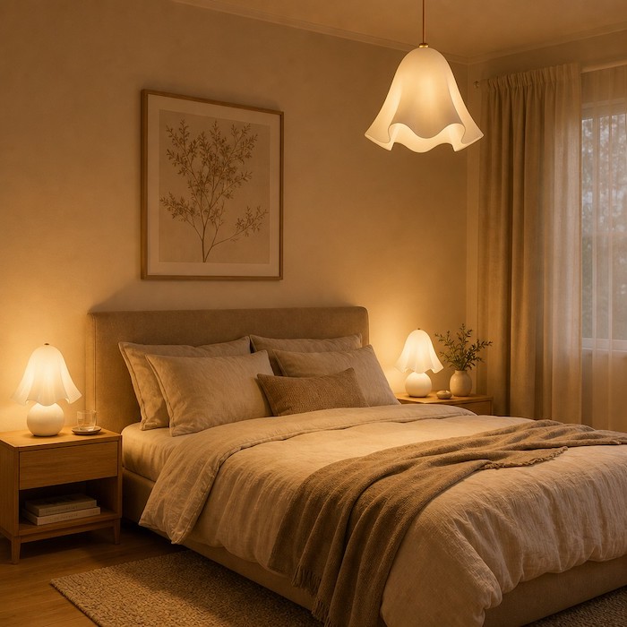 Consistent warm color temperature in a bedroom setting.