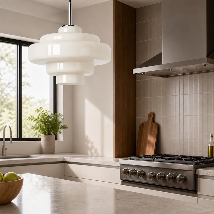 Easy-to-clean glass pendant light in a kitchen environment.