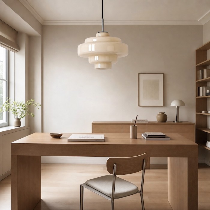 Bauhaus inspired interior design with glass lighting.