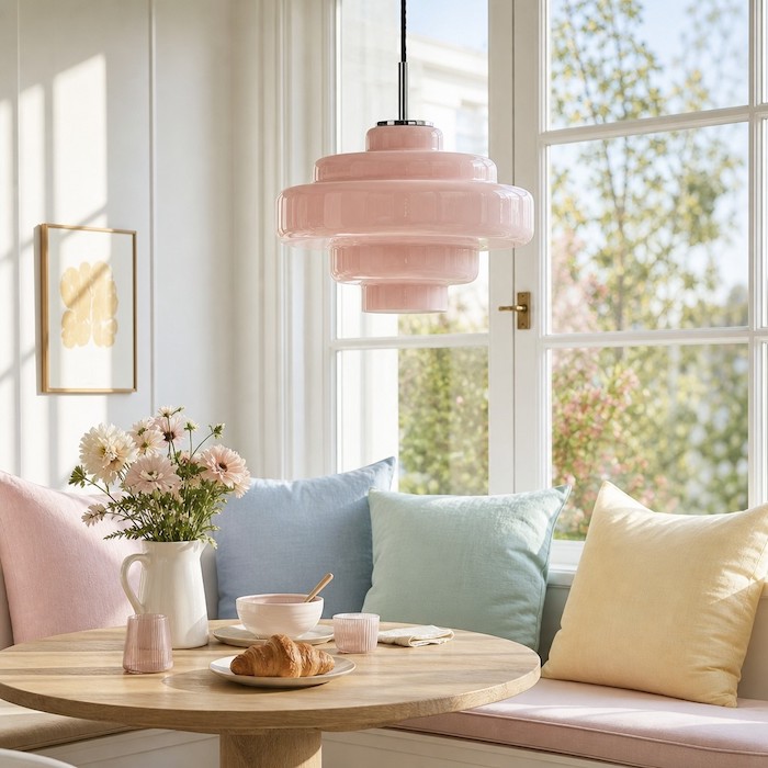Macaron colored glass lighting in a breakfast nook.