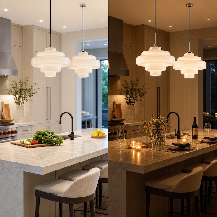 Comparison of full brightness vs dimmed lighting for kitchen islands.