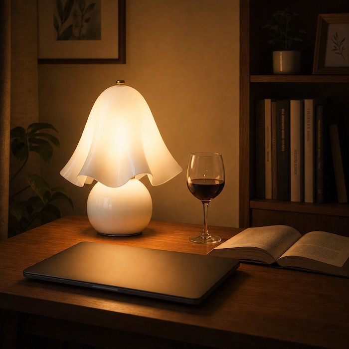 ransitioning a workspace into a relaxation nook with soft lighting.