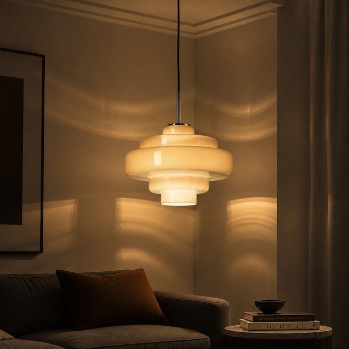 Soft geometric light patterns cast by tiered glass pendant lamps.