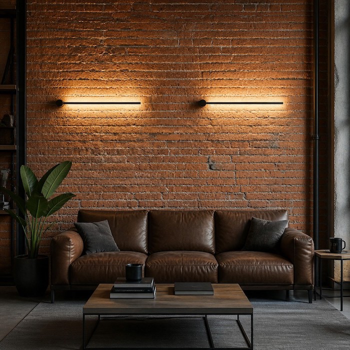 Industrial style living room with modern linear LED wall lights.