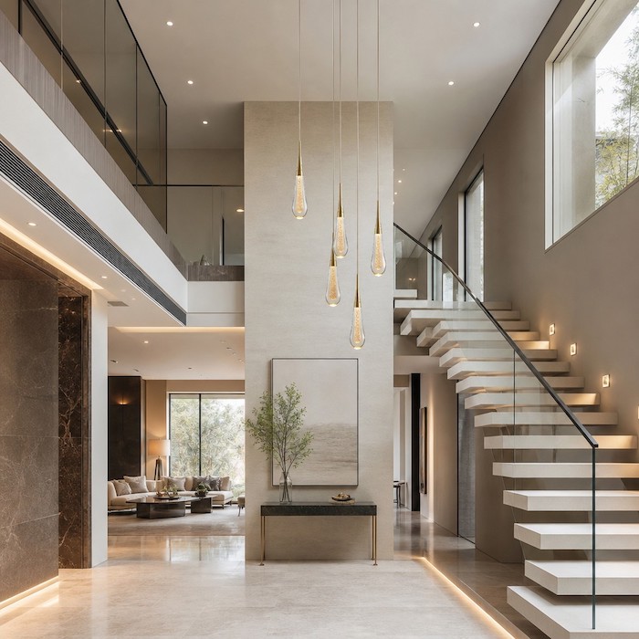 A dramatic cluster of 5 gold teardrop crystal pendant lamps in a double-height luxury entryway.
