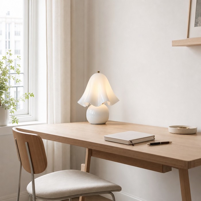 Glass lamp design for small desk spaces.