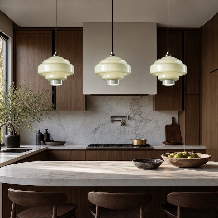 Three mint green glass pendant lights in a row over a kitchen island.