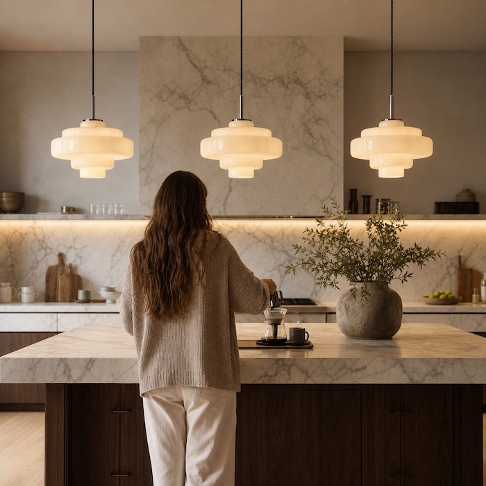 Three tiered glass pendants arranged in a row over a marble kitchen island.