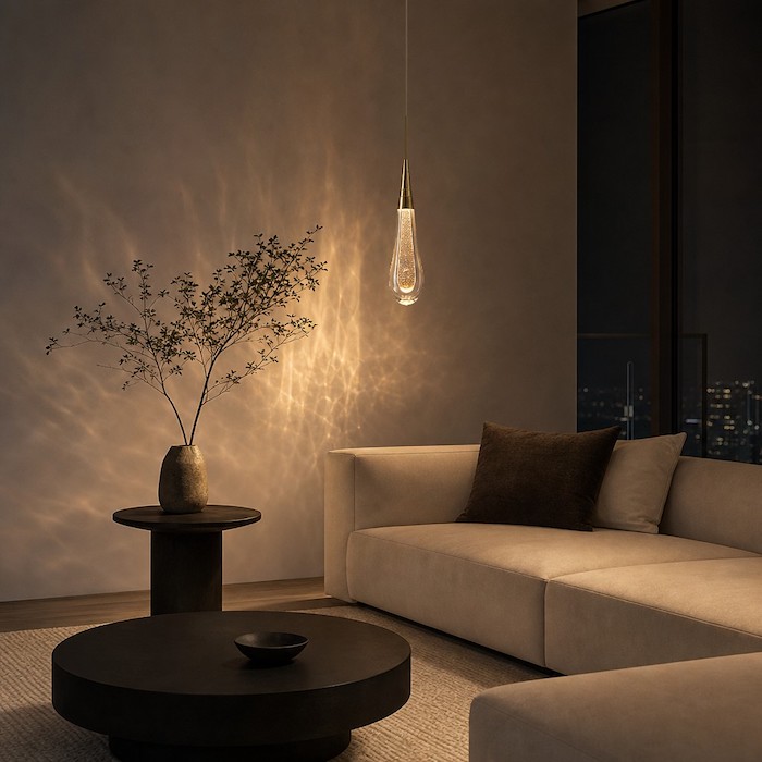 Soft crystal light patterns adding visual texture to a plain modern wall.