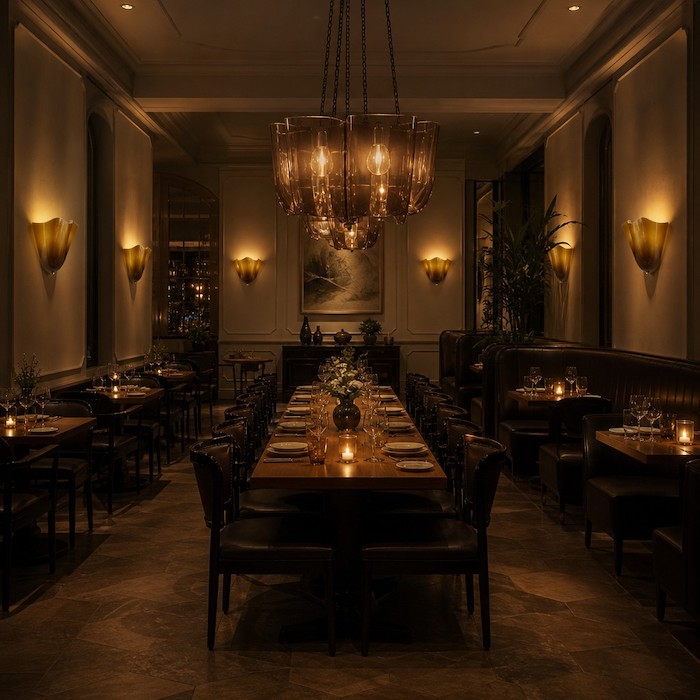Layered dining room lighting featuring chandelier and wall sconces.