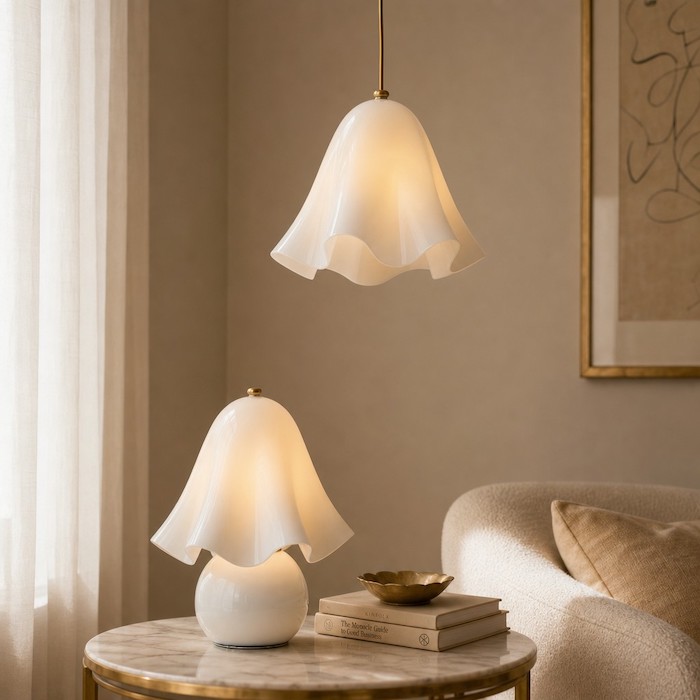 Coordinating different lighting materials like brass and glass.