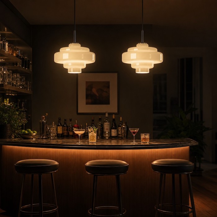 Niall glass pendants creating a social atmosphere at a home bar.