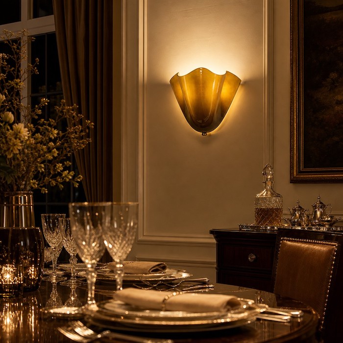 Warm light refraction from glass sconce on a dining table.