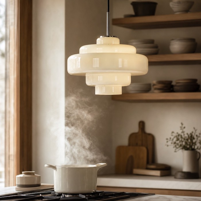 Atmospheric kitchen lighting catching steam and light reflections.