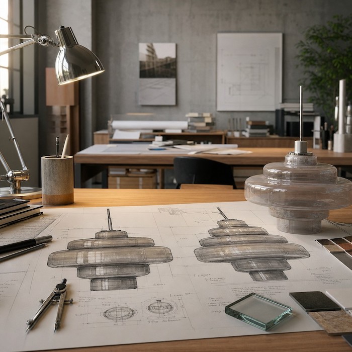 Architectural sketches of Bauhaus-inspired tiered glass lighting.