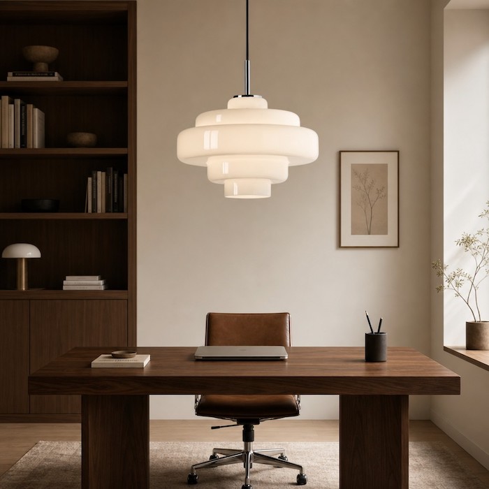 Single Niall Bauhaus glass pendant light in a modern home office.