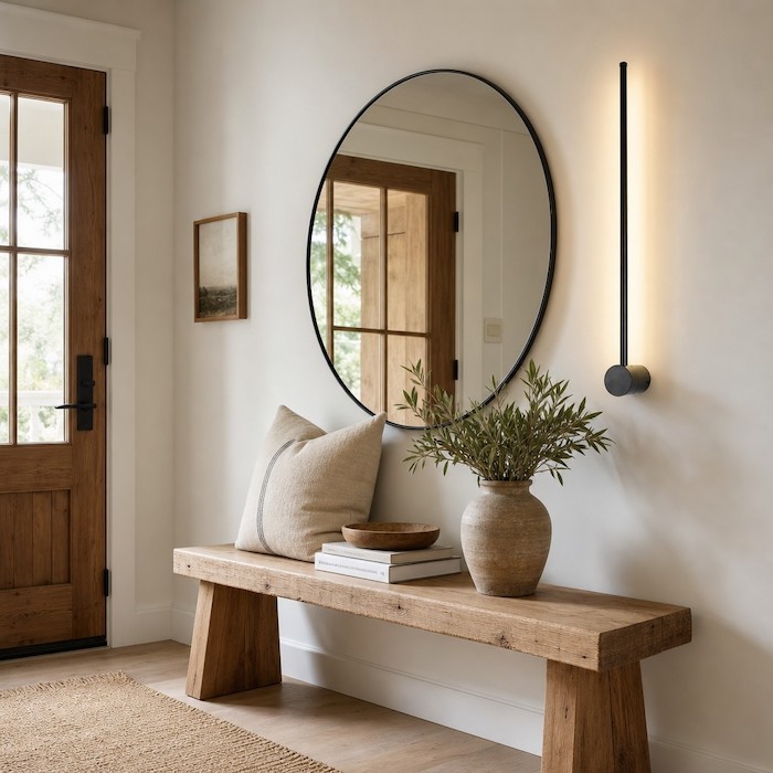 Minimalist tube light in a modern farmhouse entryway.
