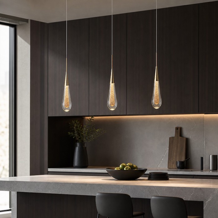Teardrop gold pendant lights adding organic curves to a contemporary kitchen layout.