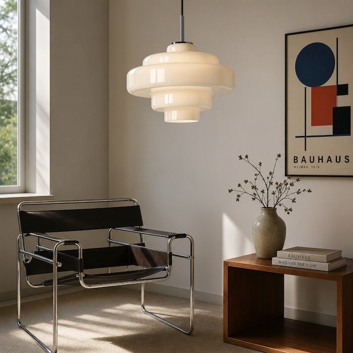 Bauhaus-inspired room featuring leather, metal, and tiered glass lighting.