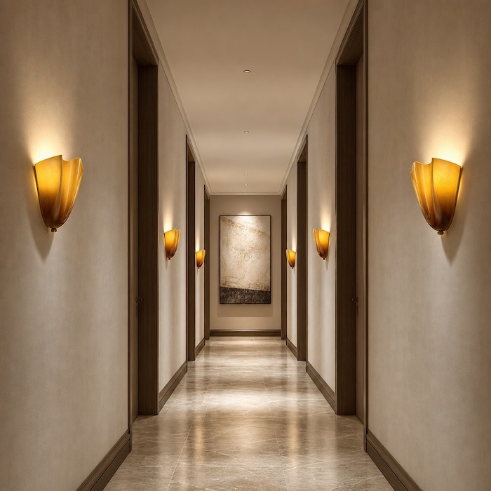 Rhythmic lighting layout in a modern hallway using glass sconces.