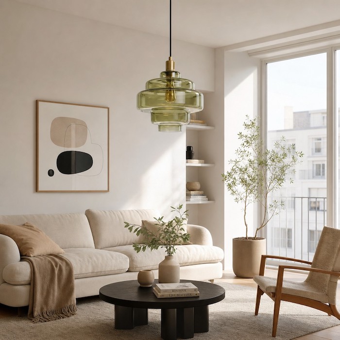 Transparent glass pendant light making a small living room feel spacious.