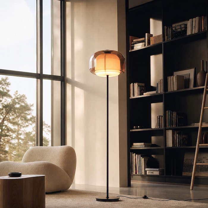 Tall floor lamp proportioned correctly for high ceilings.