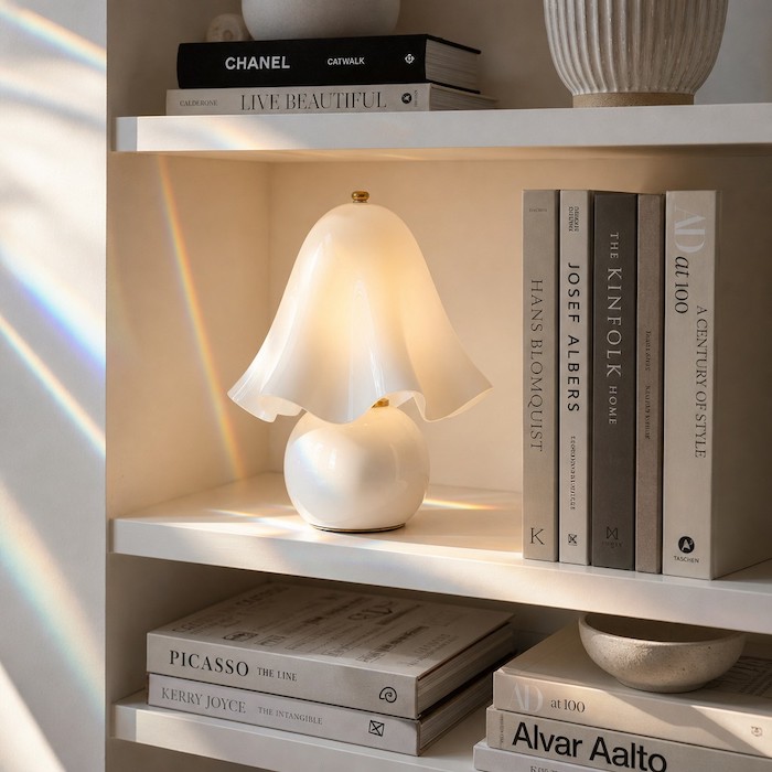 A sculptural glass lamp functioning as a piece of daytime decor.