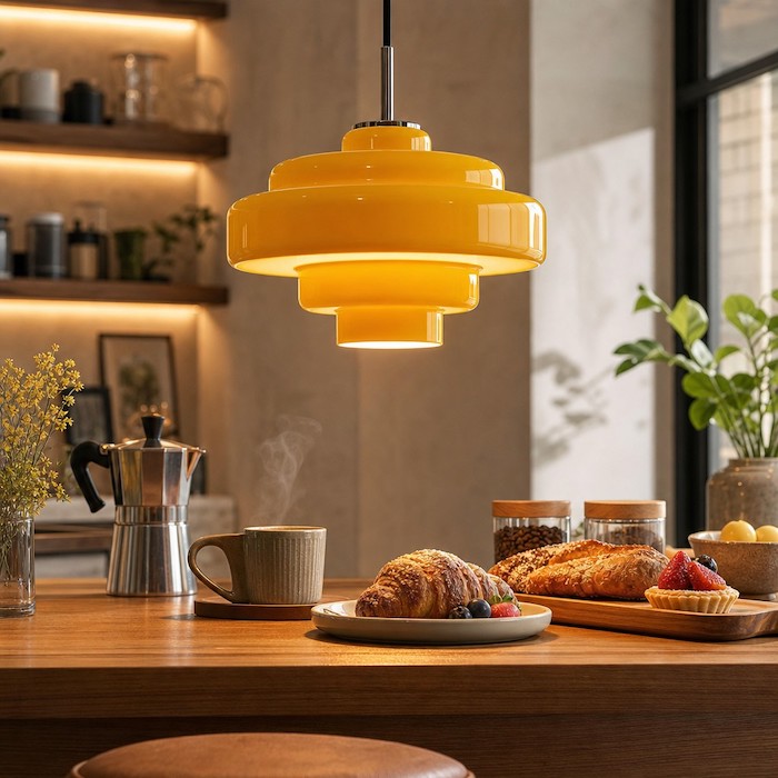 Warm amber glass lighting making food look delicious on a breakfast bar.