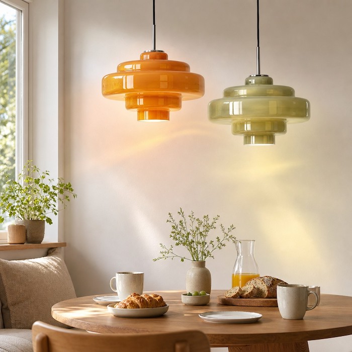 Mixed macaron colored glass lights creating a colorful reflection.