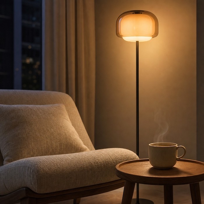 A dedicated relaxation corner anchored by a warm floor lamp.