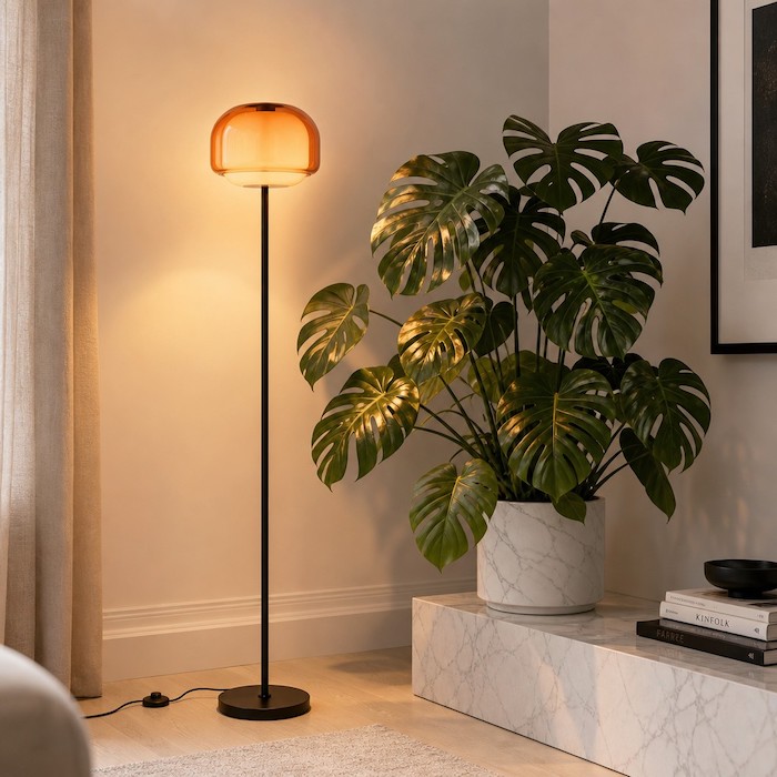The elegant contrast of steel and glass in modern home lighting.