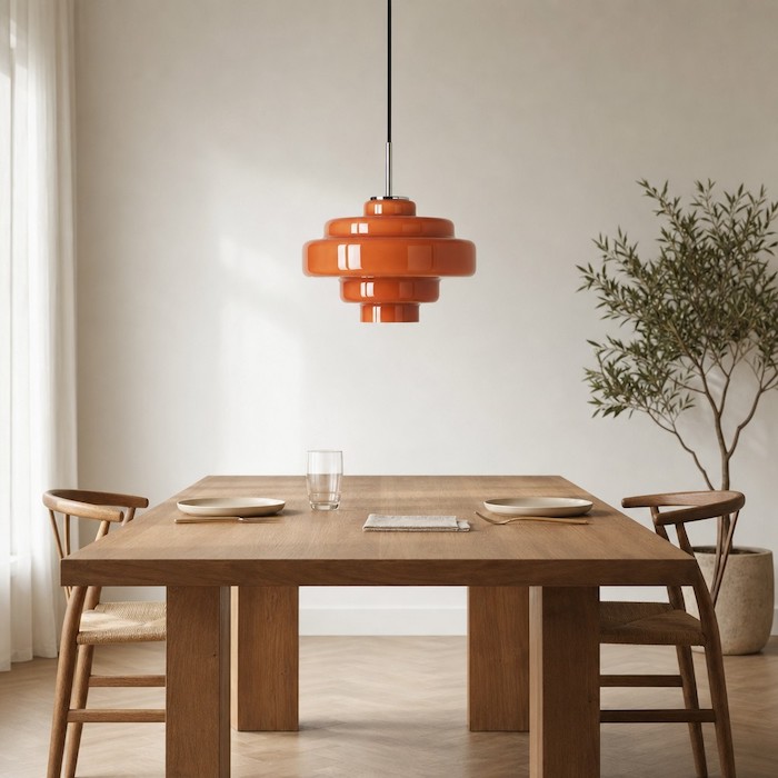 Correct scale and proportion of a glass pendant light over a wooden dining table.