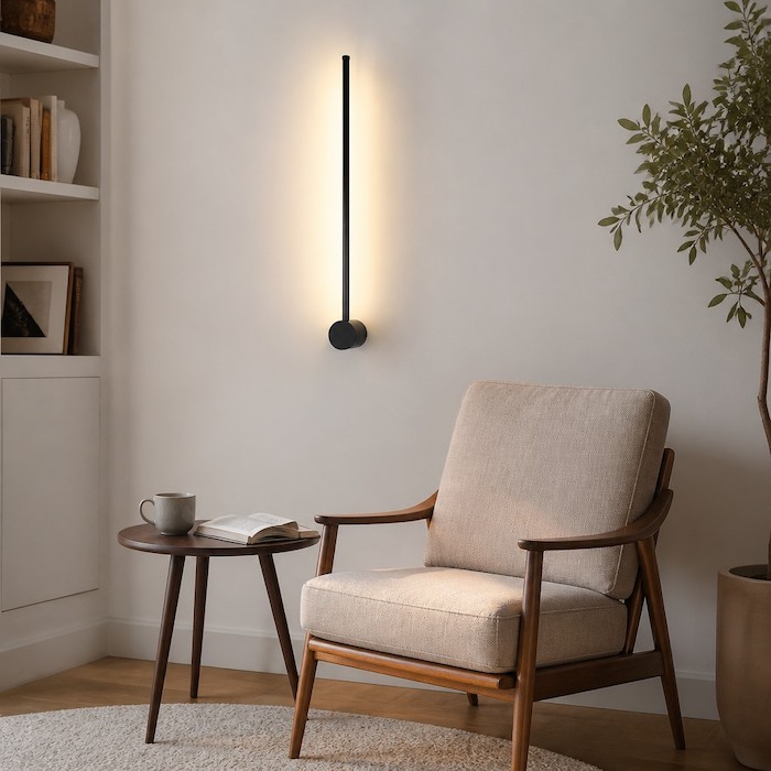 Trending linear wall light in a cozy reading nook.