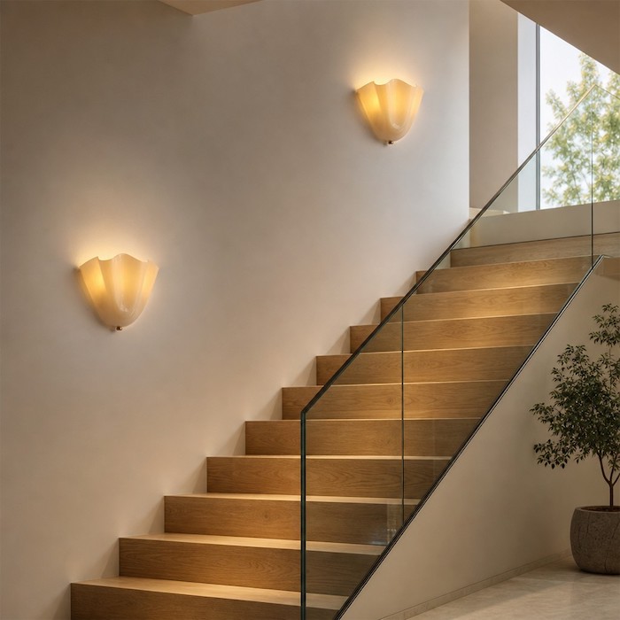 Modern staircase lit by Art Deco glass wall sconces.