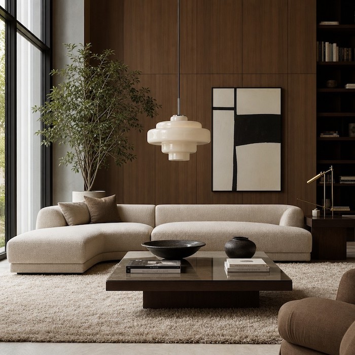 Large tiered glass pendant light balanced with living room furniture.