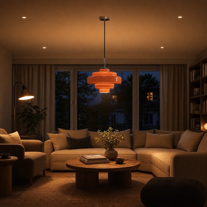 Example of layered lighting in a modern living room.
