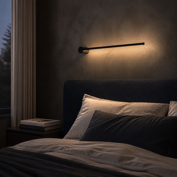 Minimalist linear wall light mounted above a bedroom headboard.