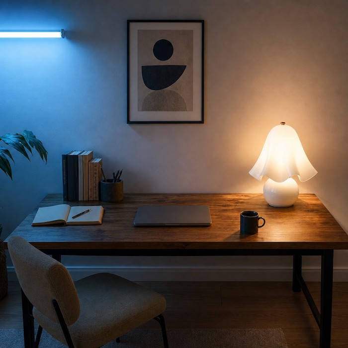 Warm white vs cool white lighting effect on a wooden desk.