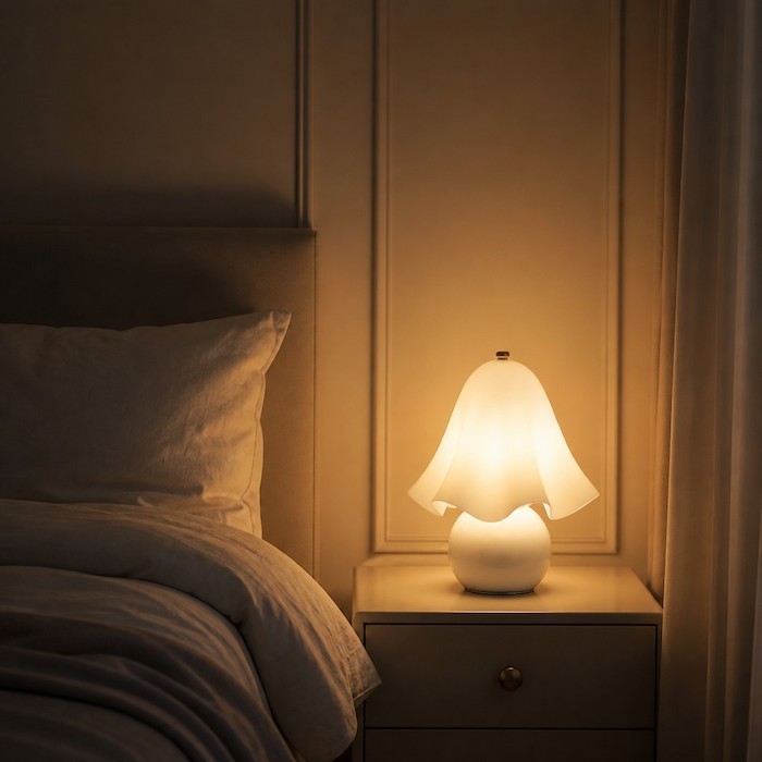 Warm golden light creating a luxury feel in a small bedroom.