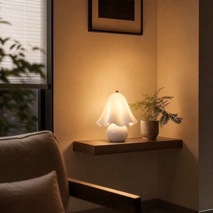 Using a sculptural lamp to brighten forgotten corners in a small room.