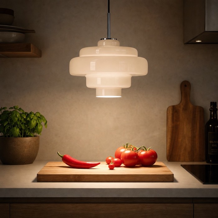 Focused task lighting on a kitchen countertop from a glass pendant.