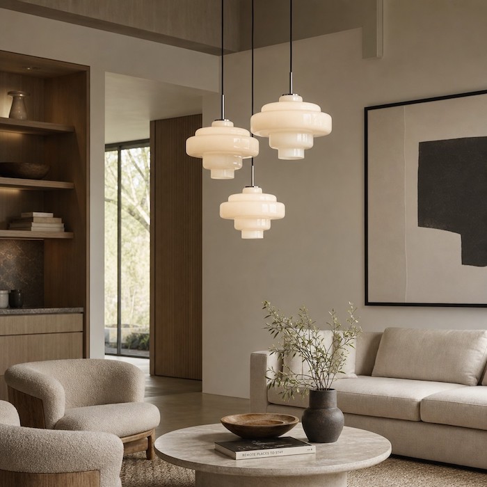 Statement glass pendant anchoring a high-ceiling room.