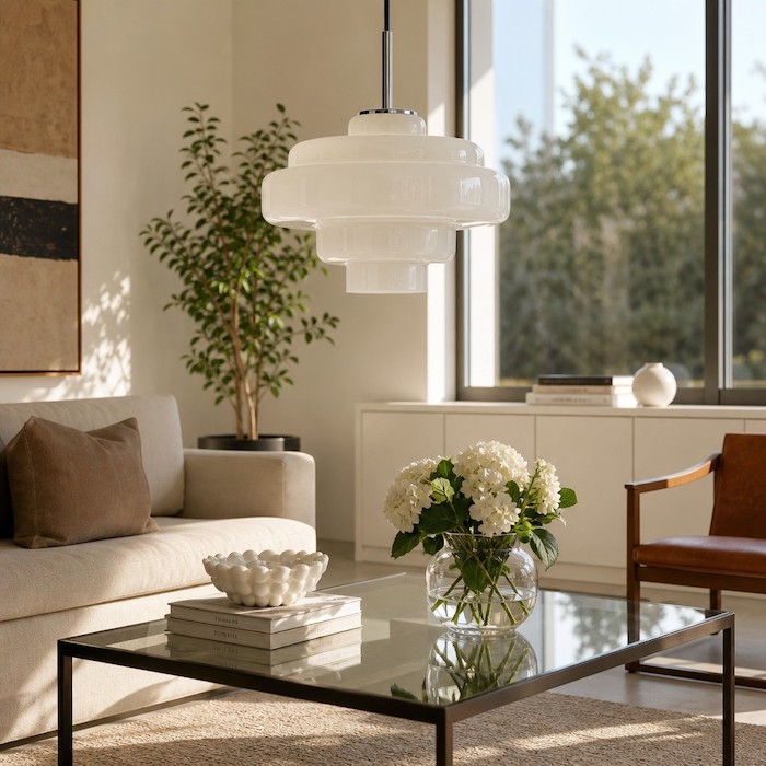 Geometric reflections of a tiered glass lamp on a glass coffee table.