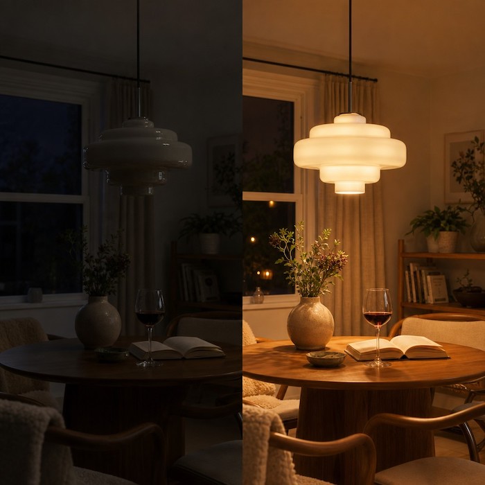 A dining room scene showing the warm, cozy atmosphere created by a 2700K light source.